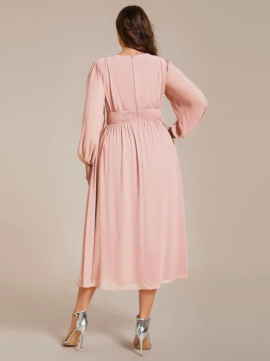 Chiffon V-Neck Long Sleeves Elastic Band Midi Wedding Guest Dress