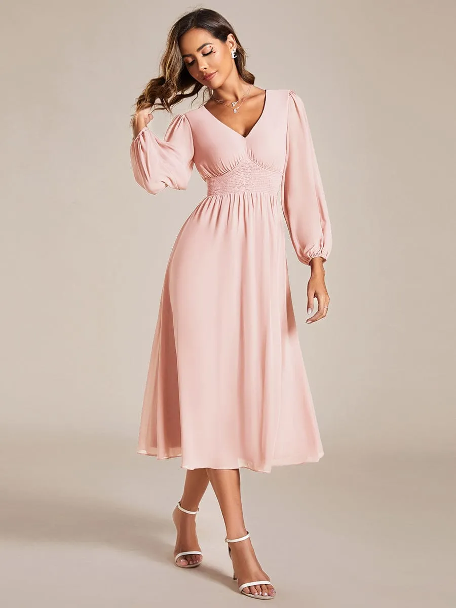 Chiffon V-Neck Long Sleeves Elastic Band Midi Wedding Guest Dress