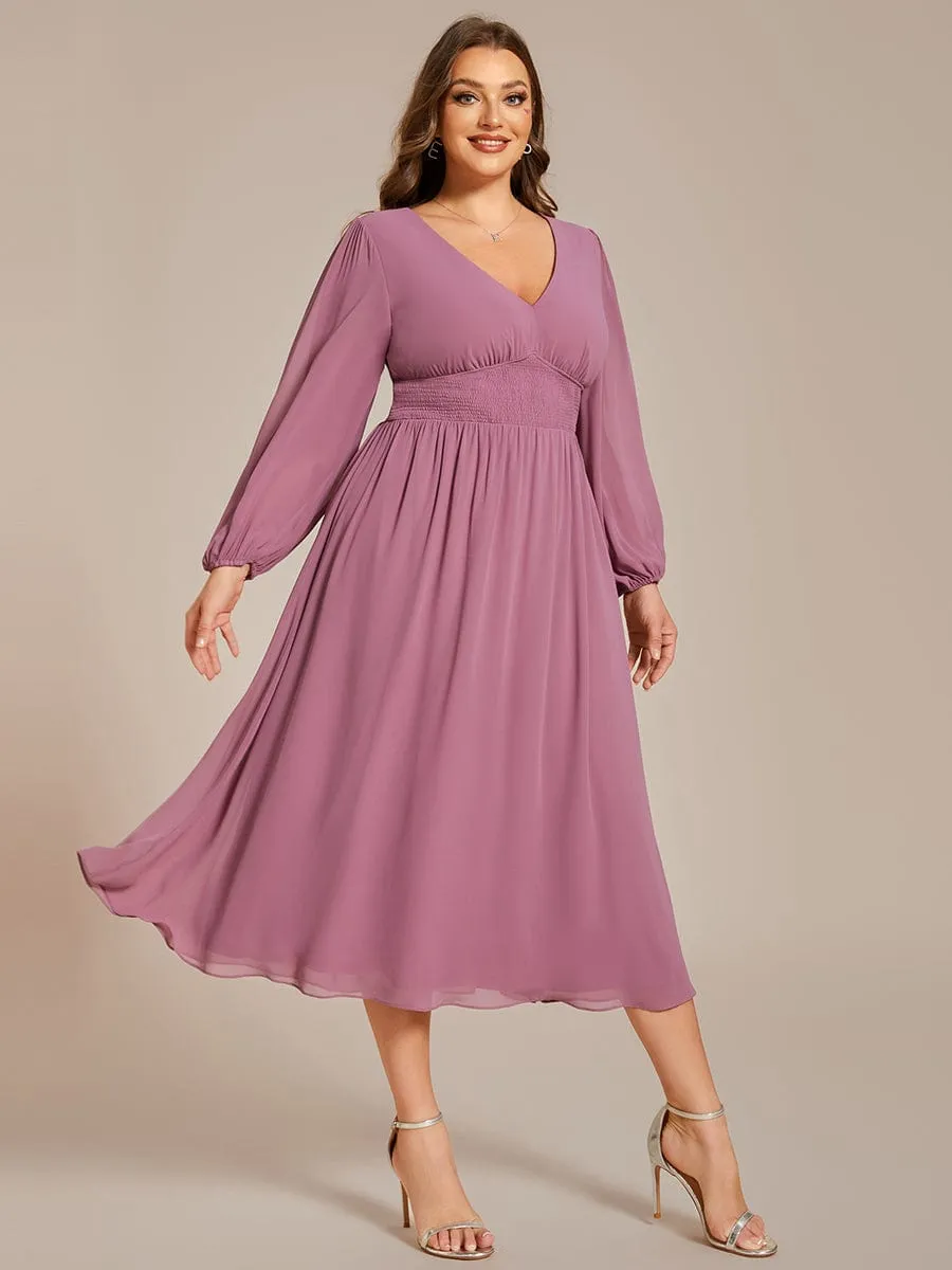 Chiffon V-Neck Long Sleeves Elastic Band Midi Wedding Guest Dress