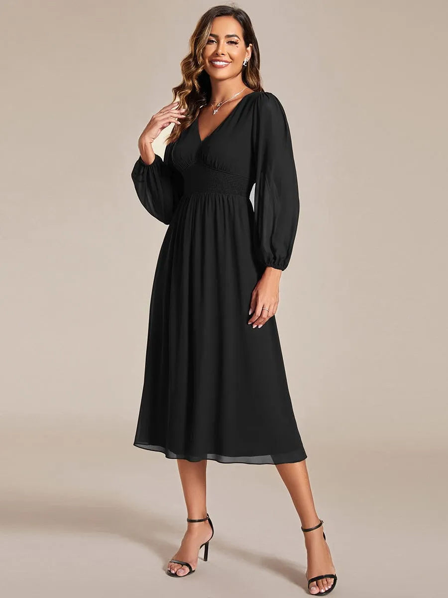 Chiffon V-Neck Long Sleeves Elastic Band Midi Wedding Guest Dress