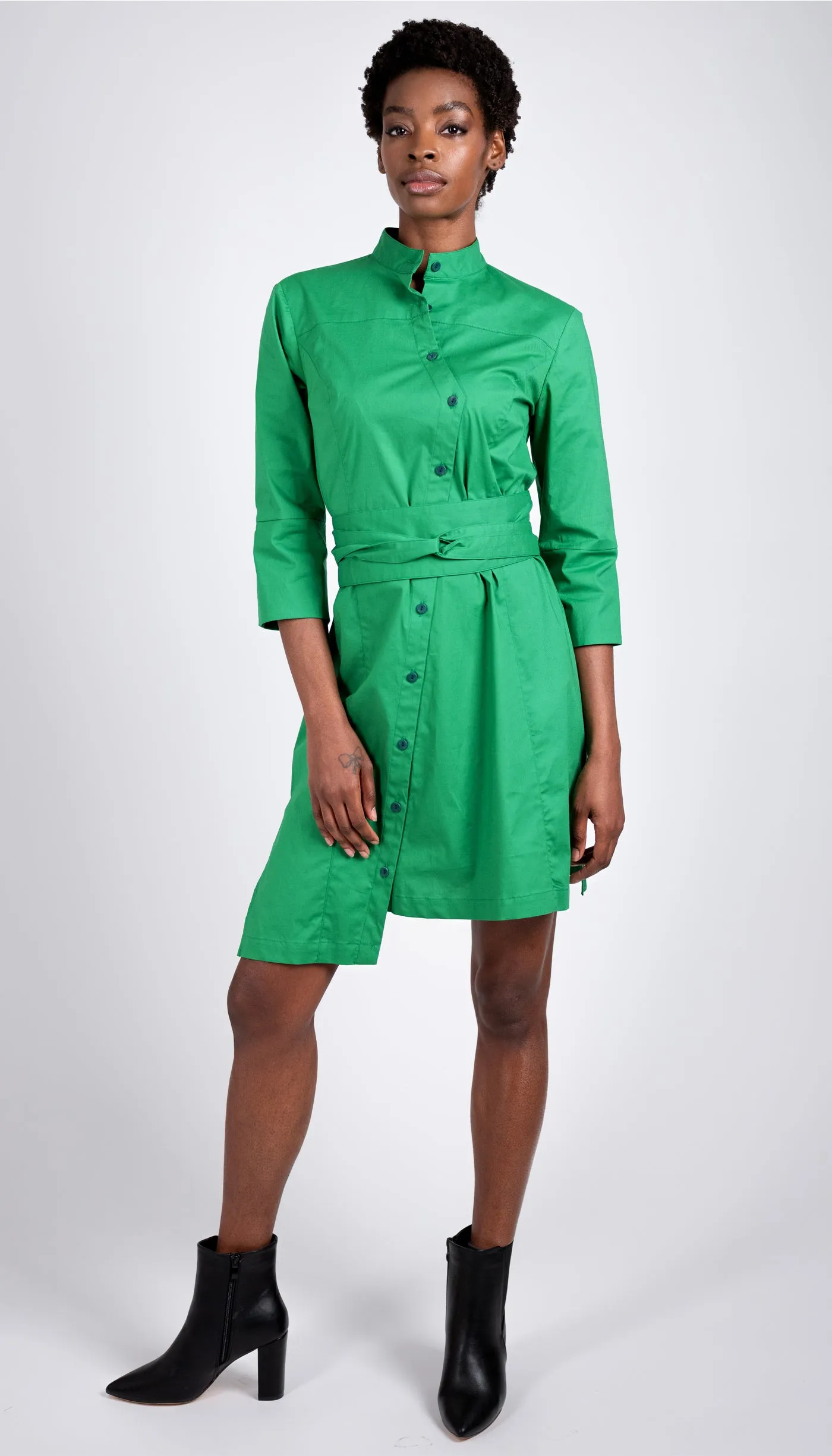 Classic Obi belt Shirtdress w/ 3/4 Sleeves / Green