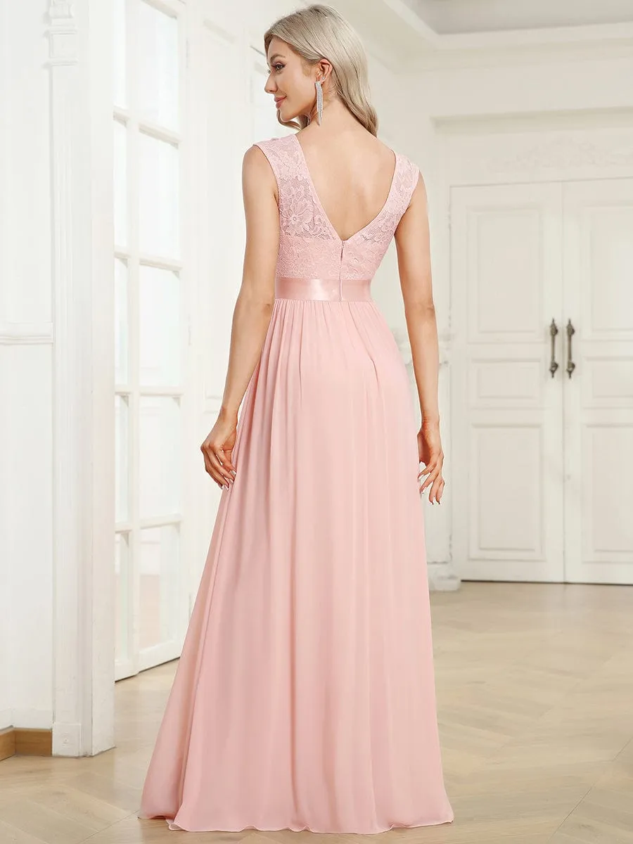 Classic Round Neck V Back Lace Bodice Bridesmaid Dress