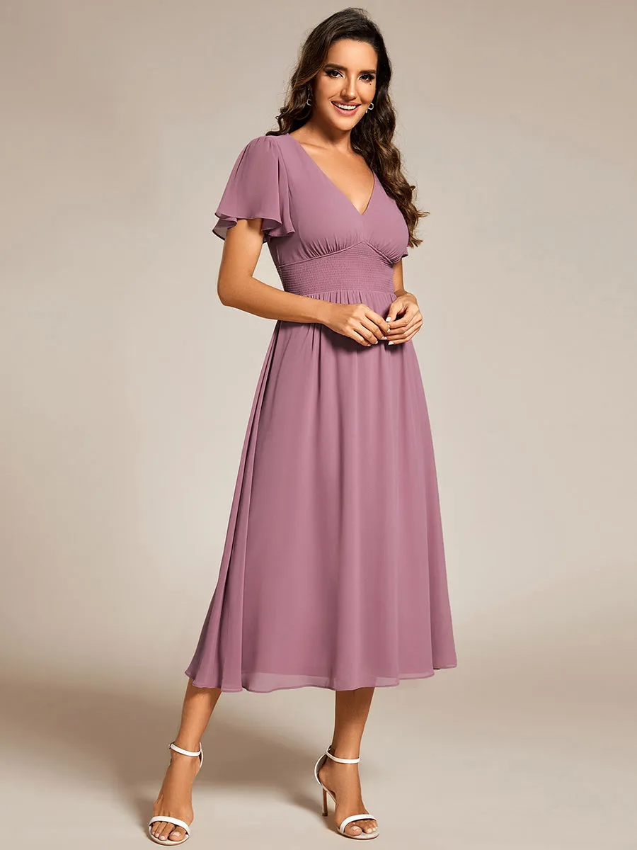 Classical Ruffles Sleeve Ruched Empire Waist Midi Length Chiffon Dresses with Lining