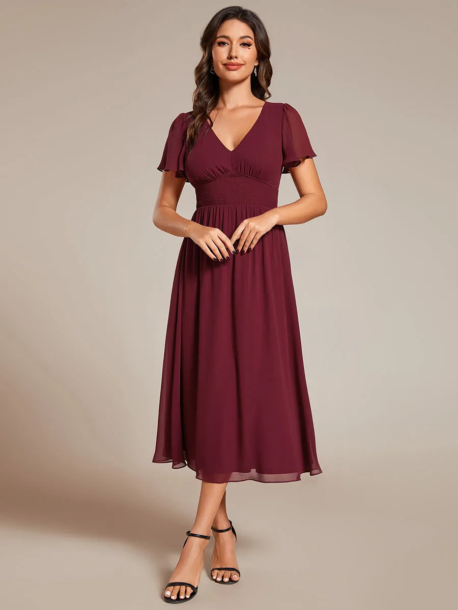 Classical Ruffles Sleeve Ruched Empire Waist Midi Length Chiffon Dresses with Lining