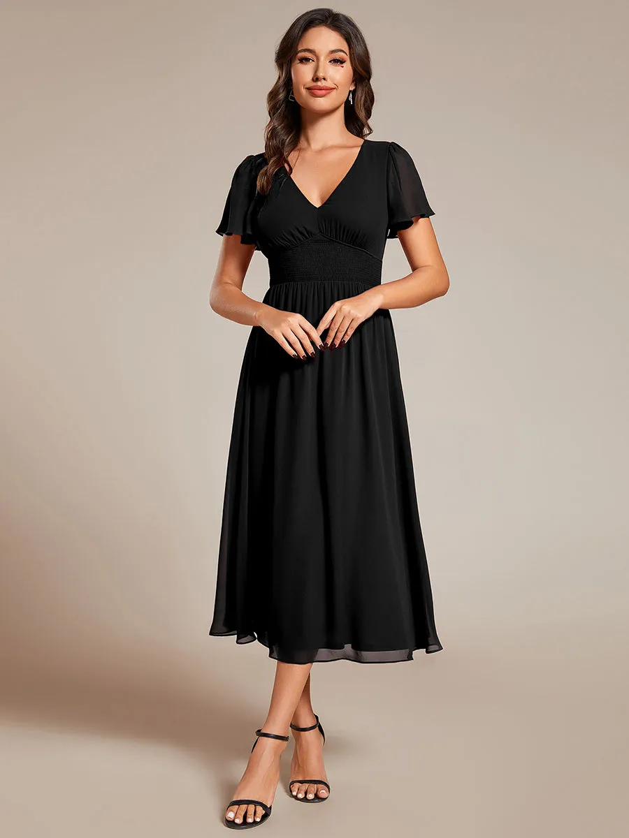 Classical Ruffles Sleeve Ruched Empire Waist Midi Length Chiffon Dresses with Lining