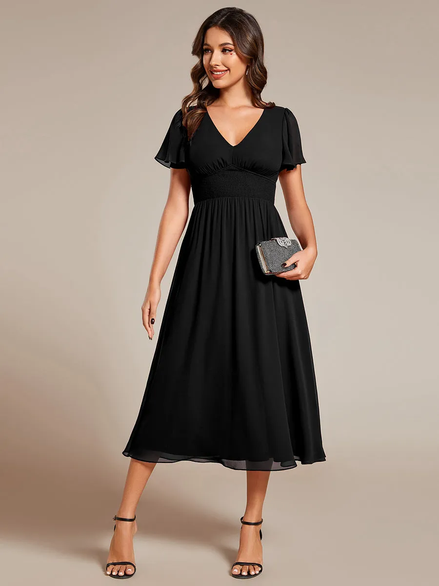 Classical Ruffles Sleeve Ruched Empire Waist Midi Length Chiffon Dresses with Lining