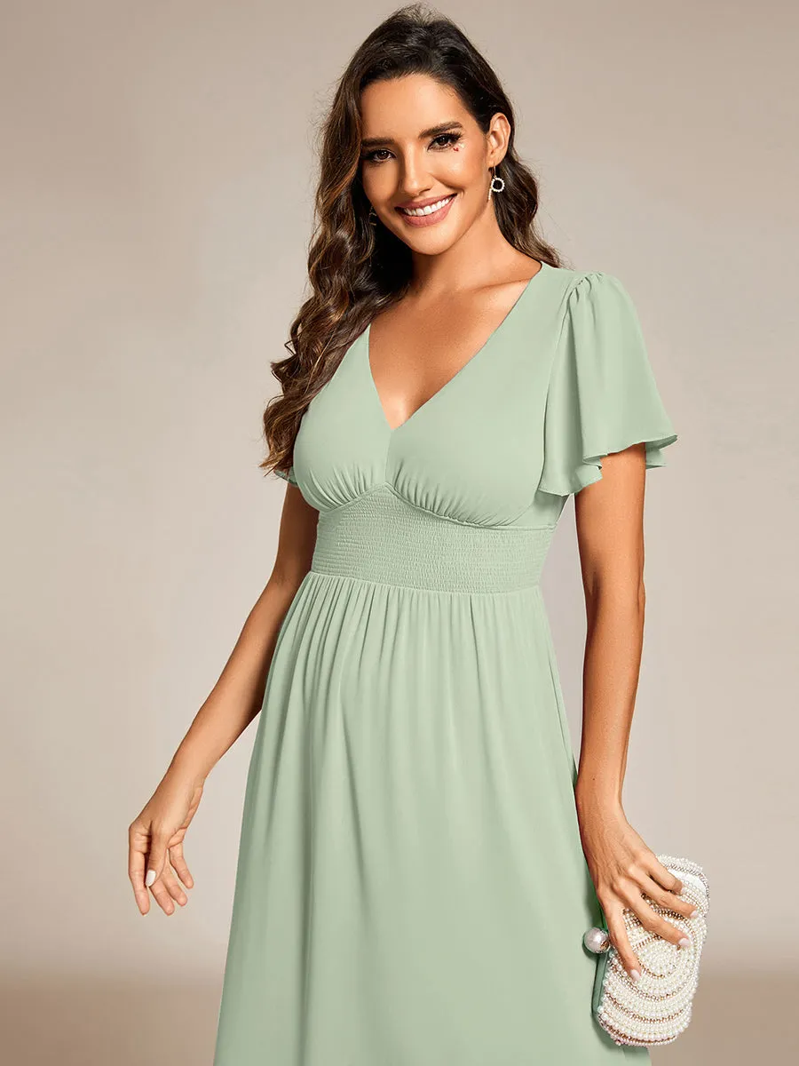 Classical Ruffles Sleeve Ruched Empire Waist Midi Length Chiffon Dresses with Lining