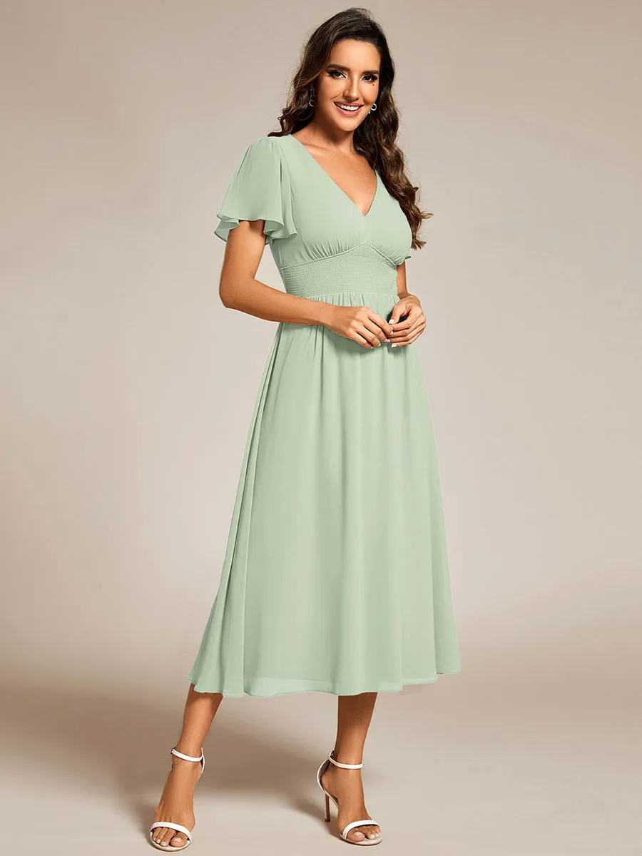 Classical Ruffles Sleeve Ruched Empire Waist Midi Length Chiffon Dresses with Lining