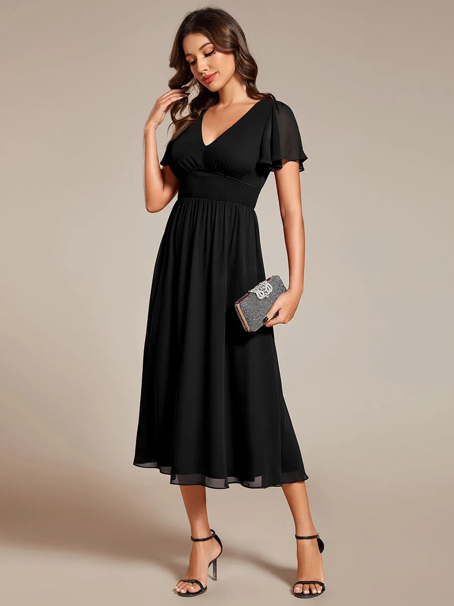 Classical Ruffles Sleeve Ruched Empire Waist Midi Length Chiffon Dresses with Lining