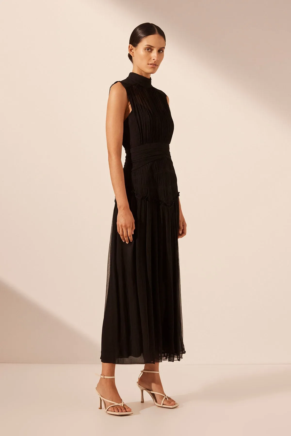 CLEMENCE HIGH NECK MIDI DRESS - BLACK