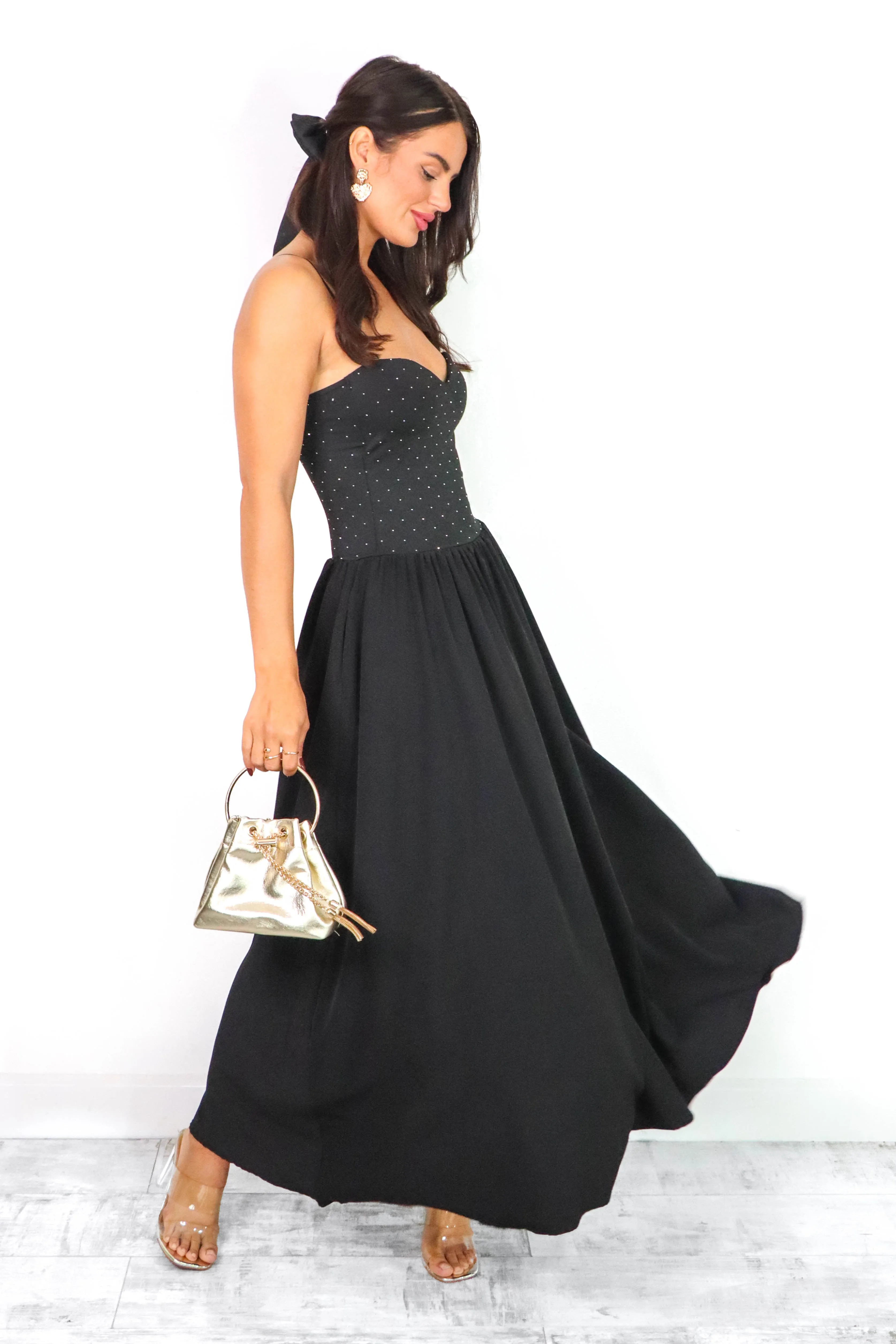 Cold As Bodice - Black Diamante Bodice Maxi Dress