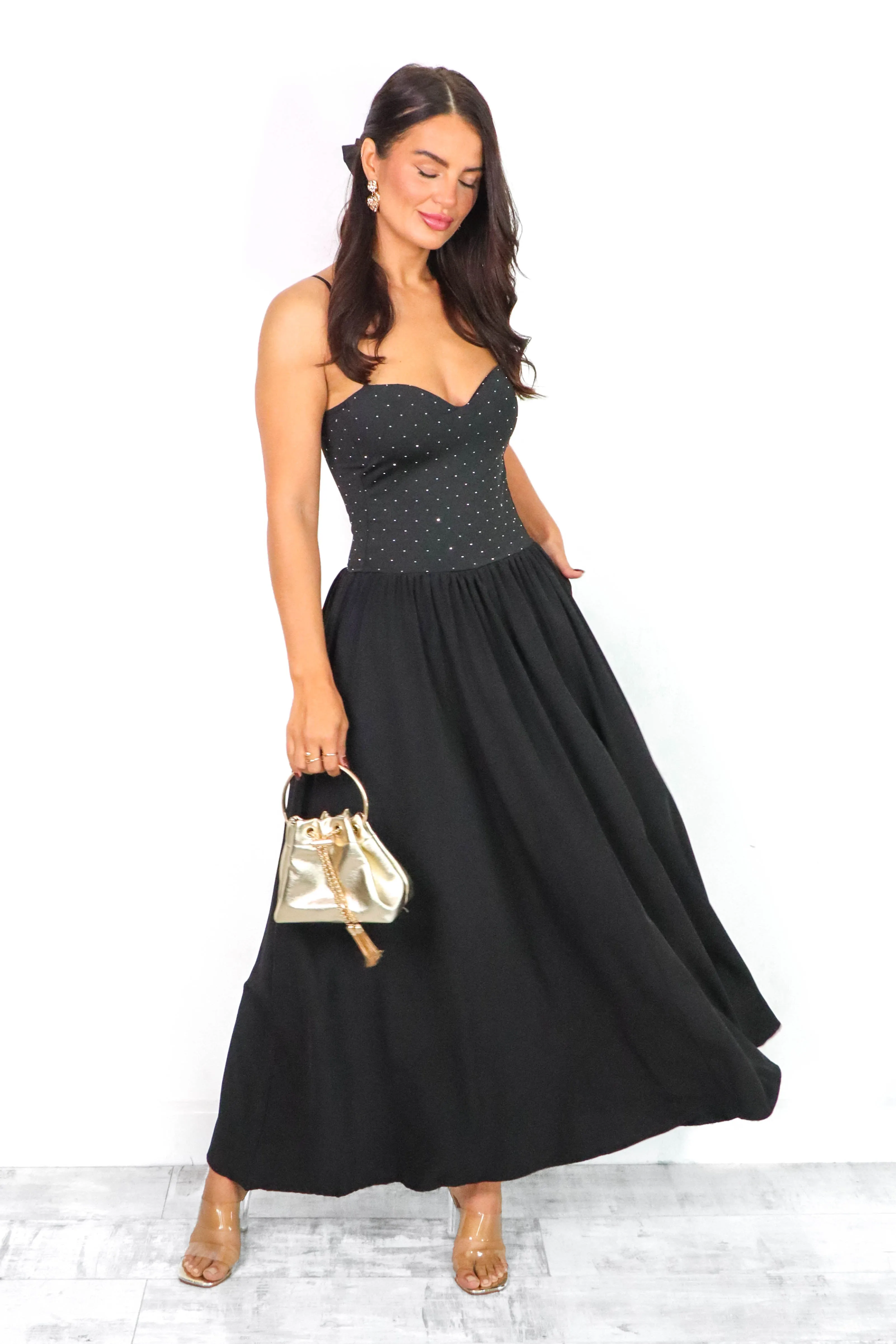 Cold As Bodice - Black Diamante Bodice Maxi Dress