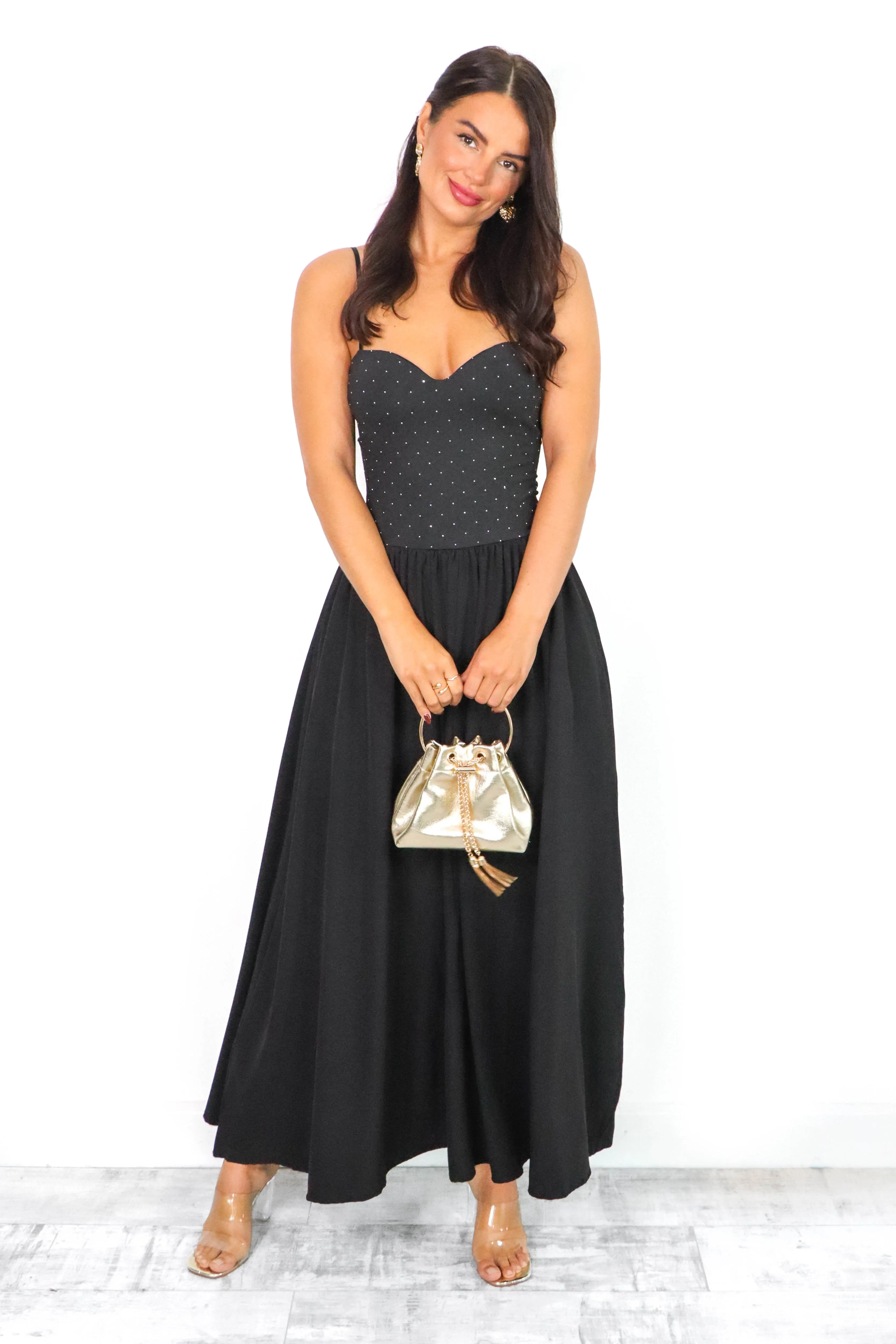 Cold As Bodice - Black Diamante Bodice Maxi Dress