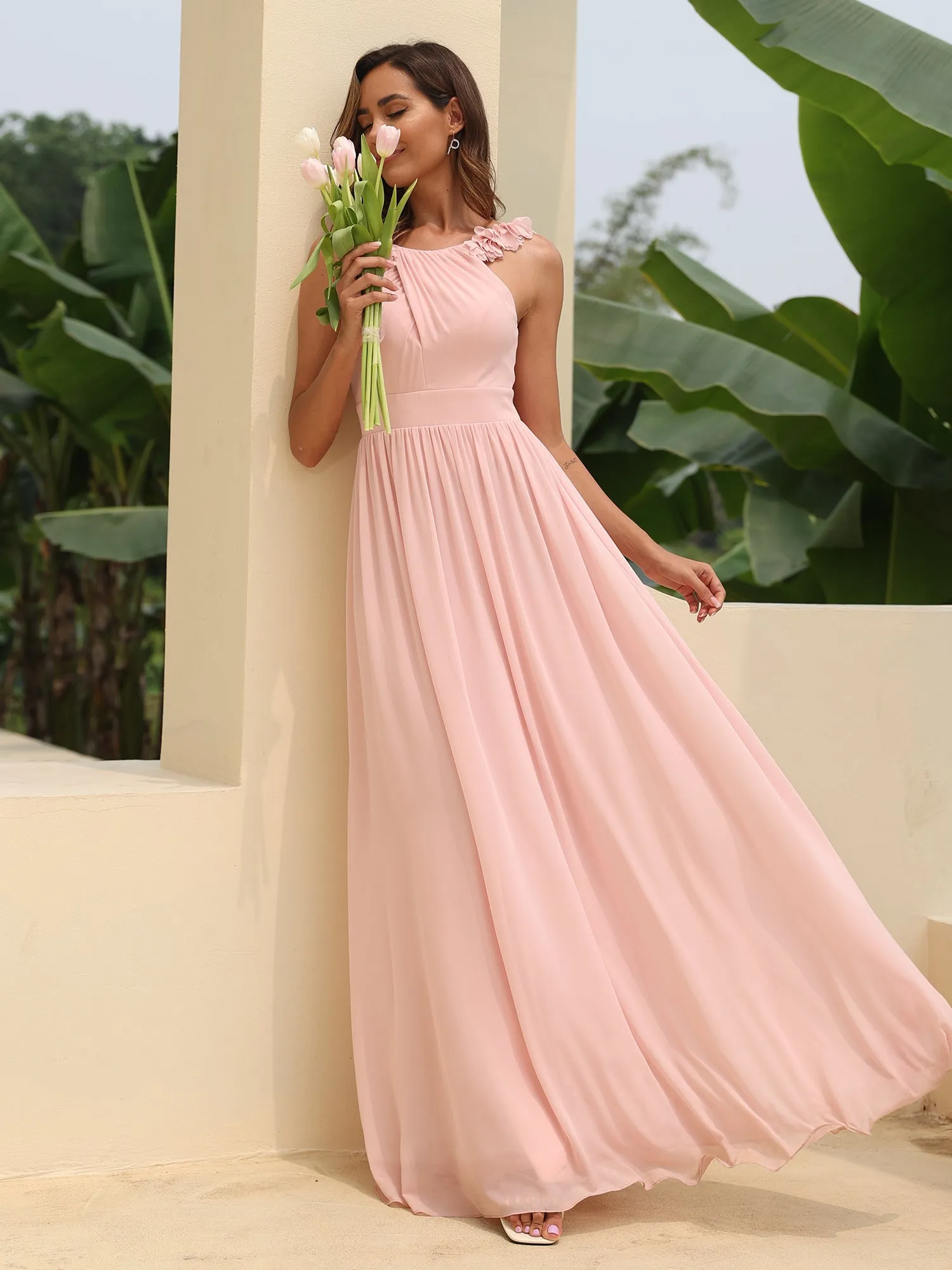 Cold Shoulder Appliques Wholesale Chiffon Bridesmaid Dress