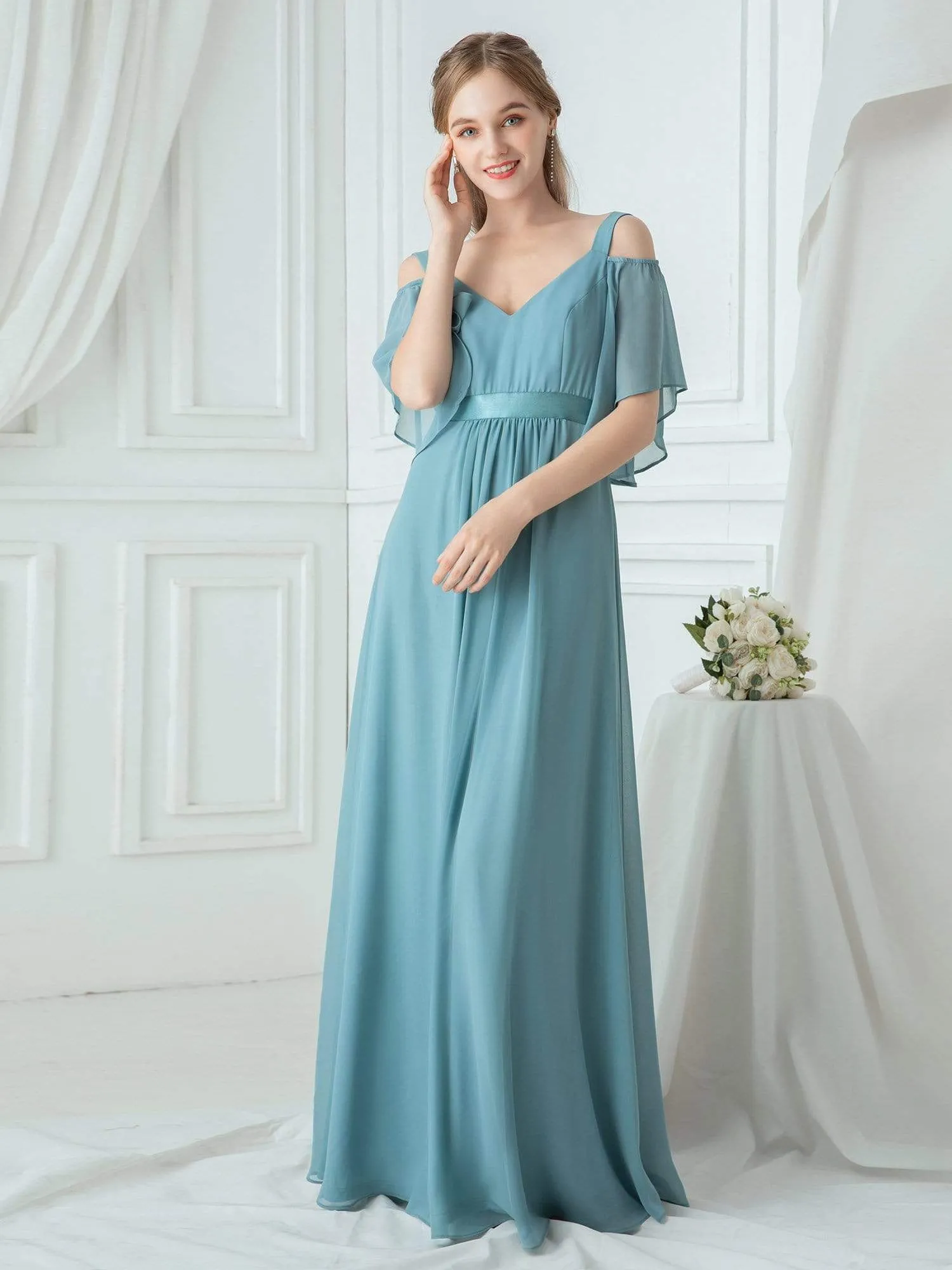 Cold Shoulder Chiffon Wholesale Bridesmaid Dress with Ruffle Sleeves