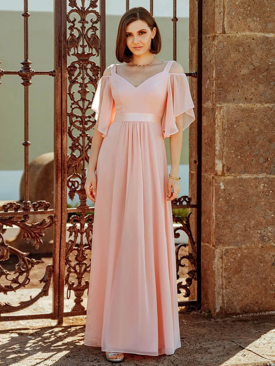 Cold Shoulder Chiffon Wholesale Bridesmaid Dress with Ruffle Sleeves