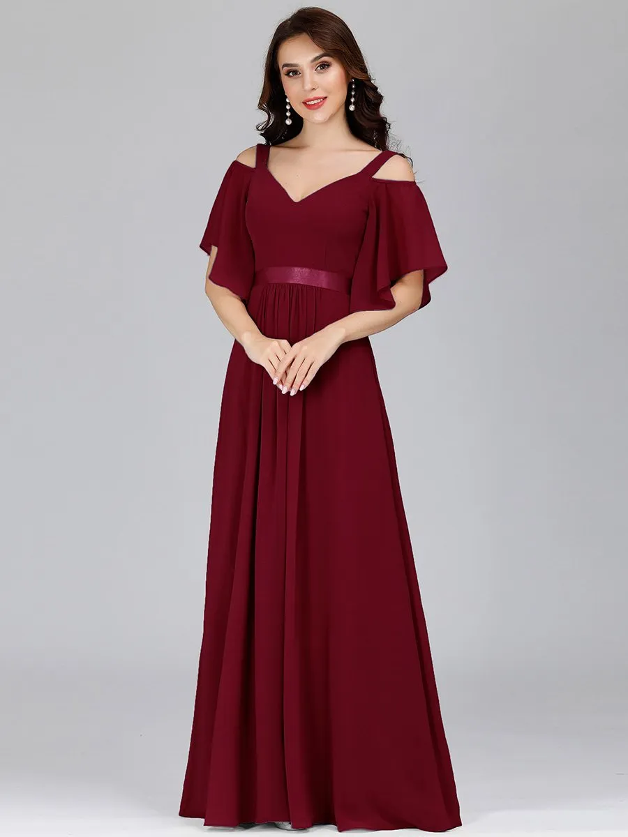 Cold Shoulder Chiffon Wholesale Bridesmaid Dress with Ruffle Sleeves