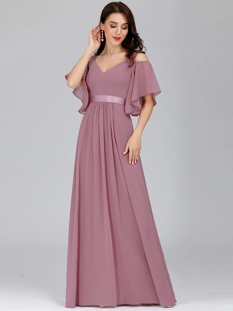 Cold Shoulder Chiffon Wholesale Bridesmaid Dress with Ruffle Sleeves