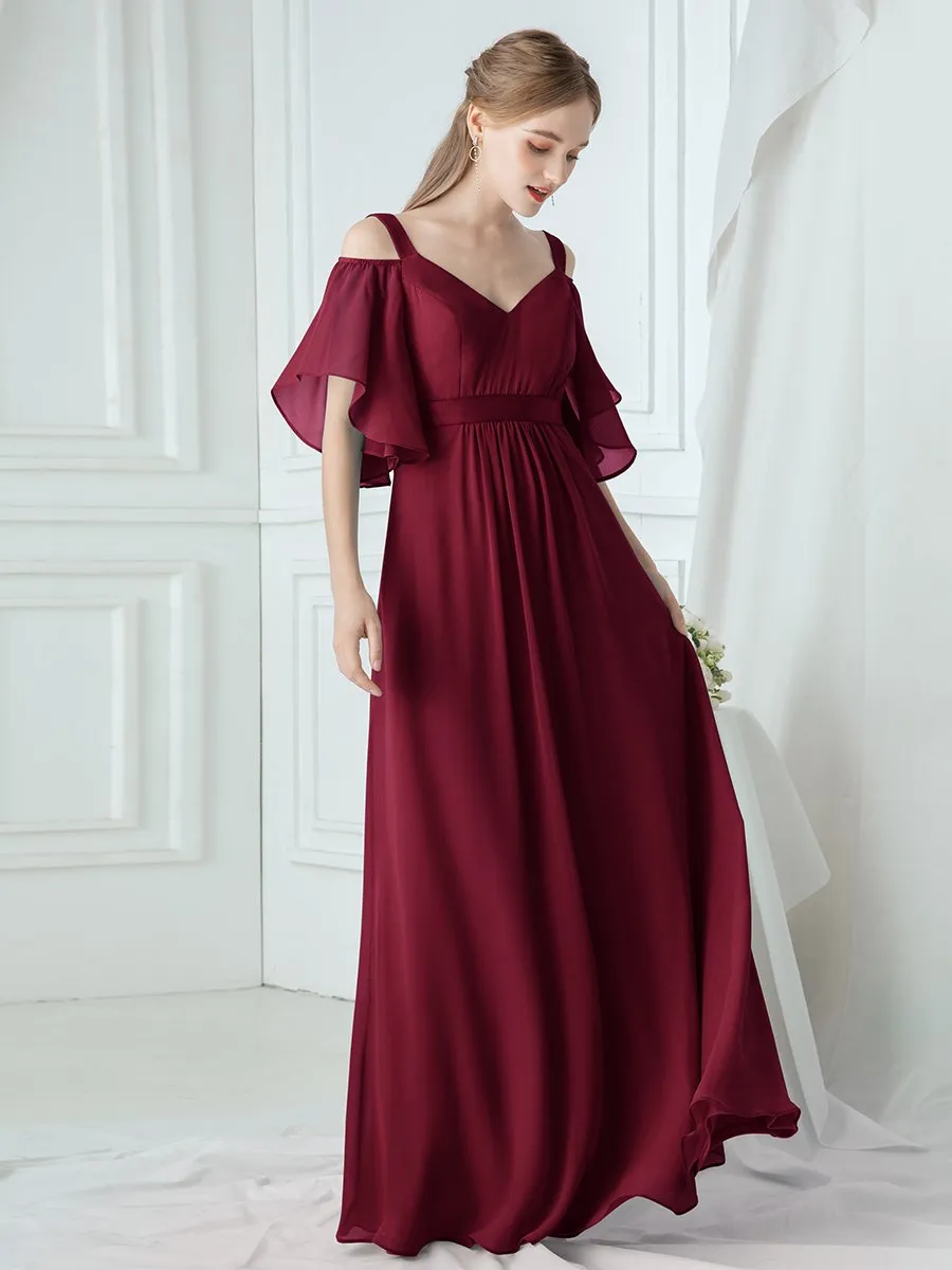 Cold Shoulder Chiffon Wholesale Bridesmaid Dress with Ruffle Sleeves