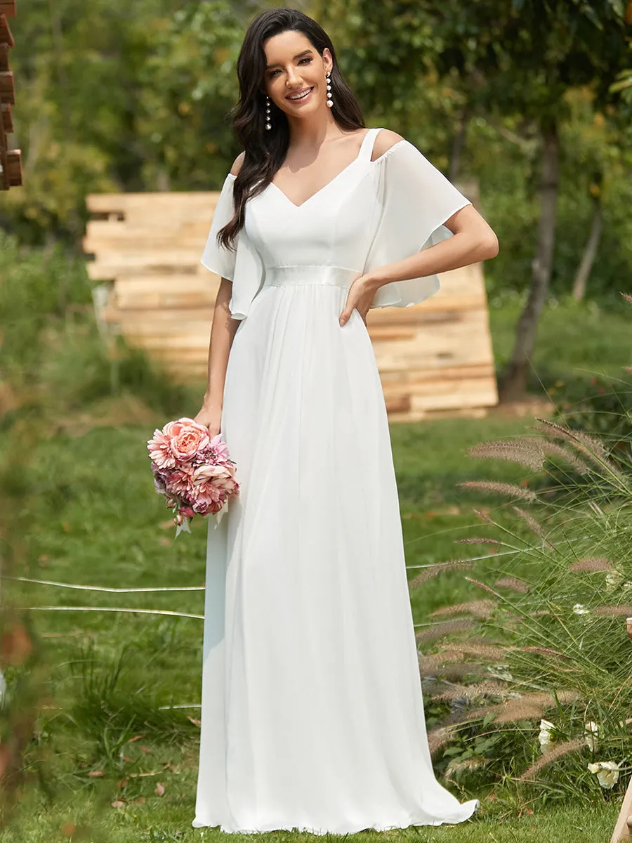 Cold Shoulder Chiffon Wholesale Bridesmaid Dress with Ruffle Sleeves