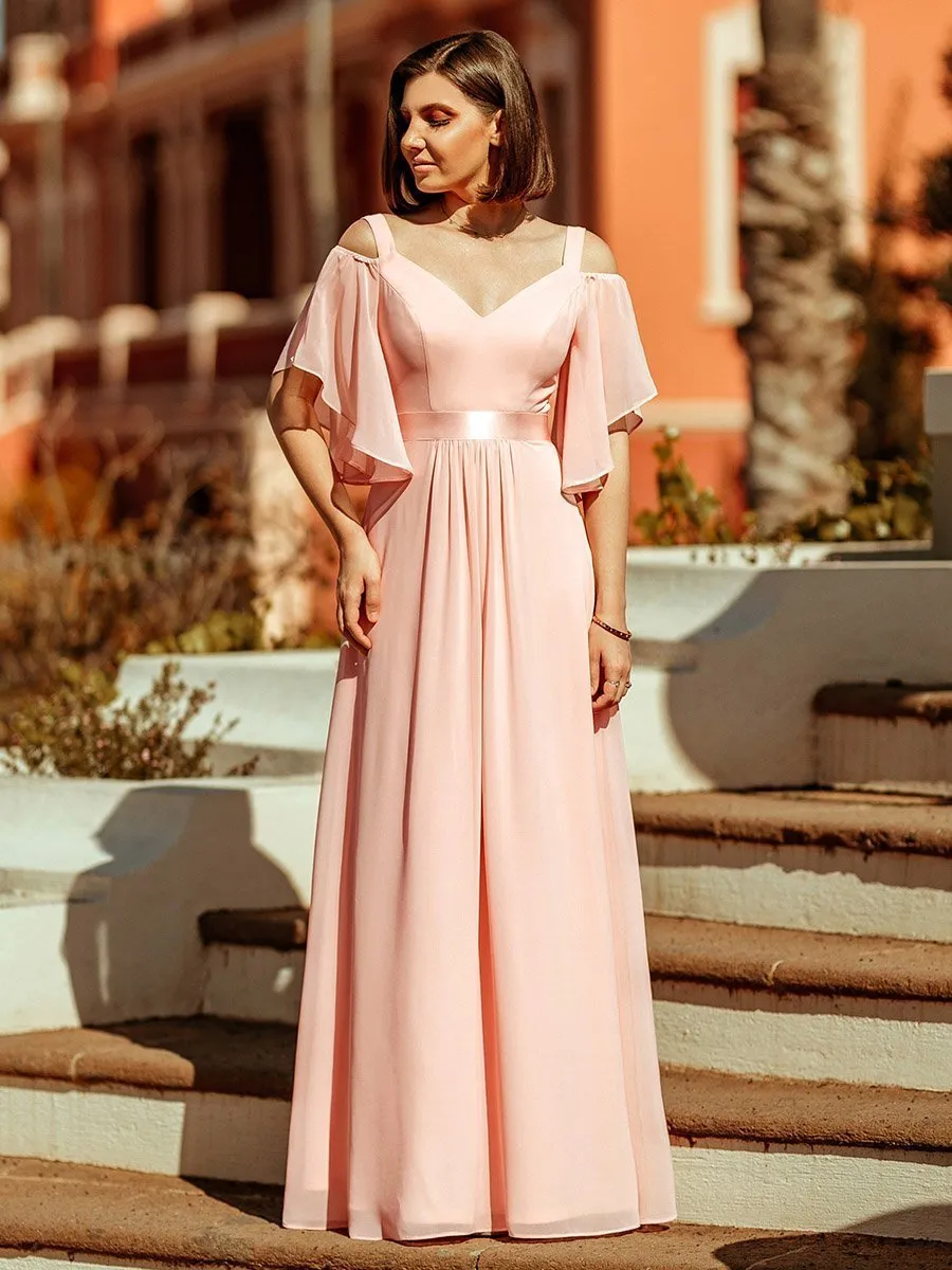 Cold Shoulder Chiffon Wholesale Bridesmaid Dress with Ruffle Sleeves