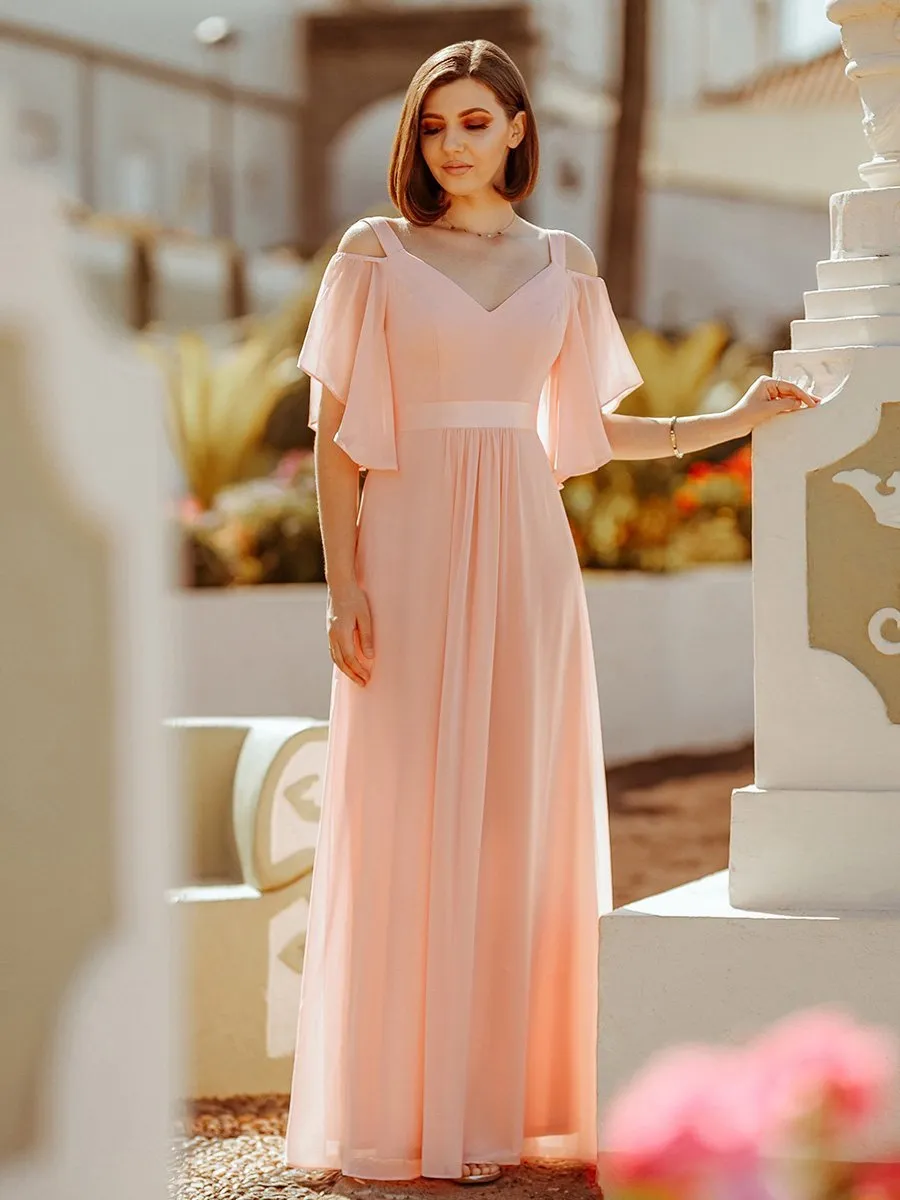 Cold Shoulder Chiffon Wholesale Bridesmaid Dress with Ruffle Sleeves