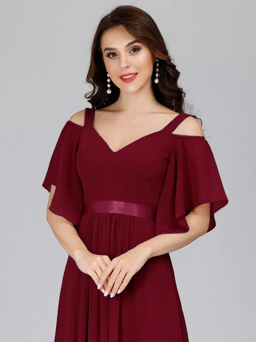 Cold Shoulder Chiffon Wholesale Bridesmaid Dress with Ruffle Sleeves