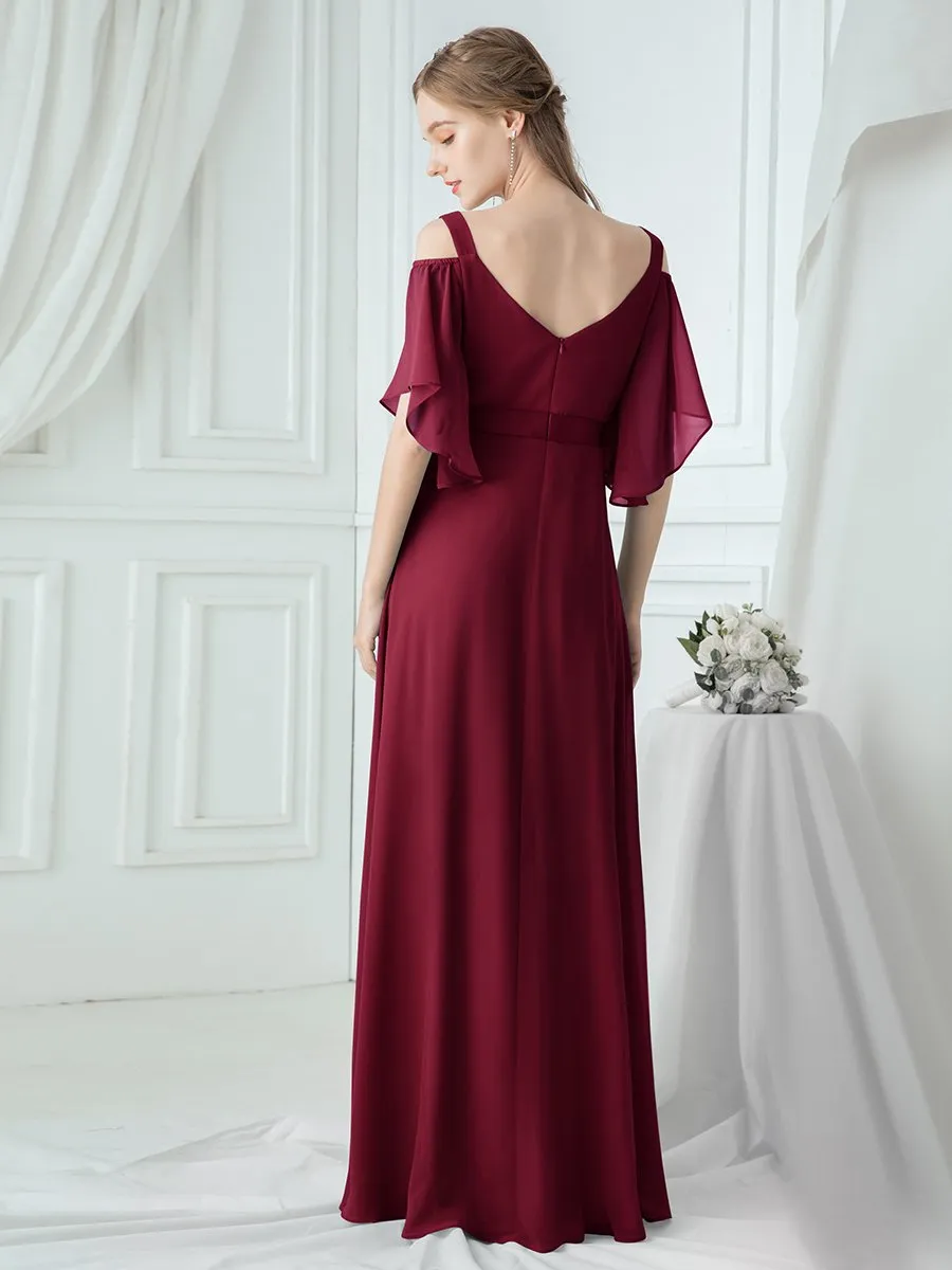 Cold Shoulder Chiffon Wholesale Bridesmaid Dress with Ruffle Sleeves