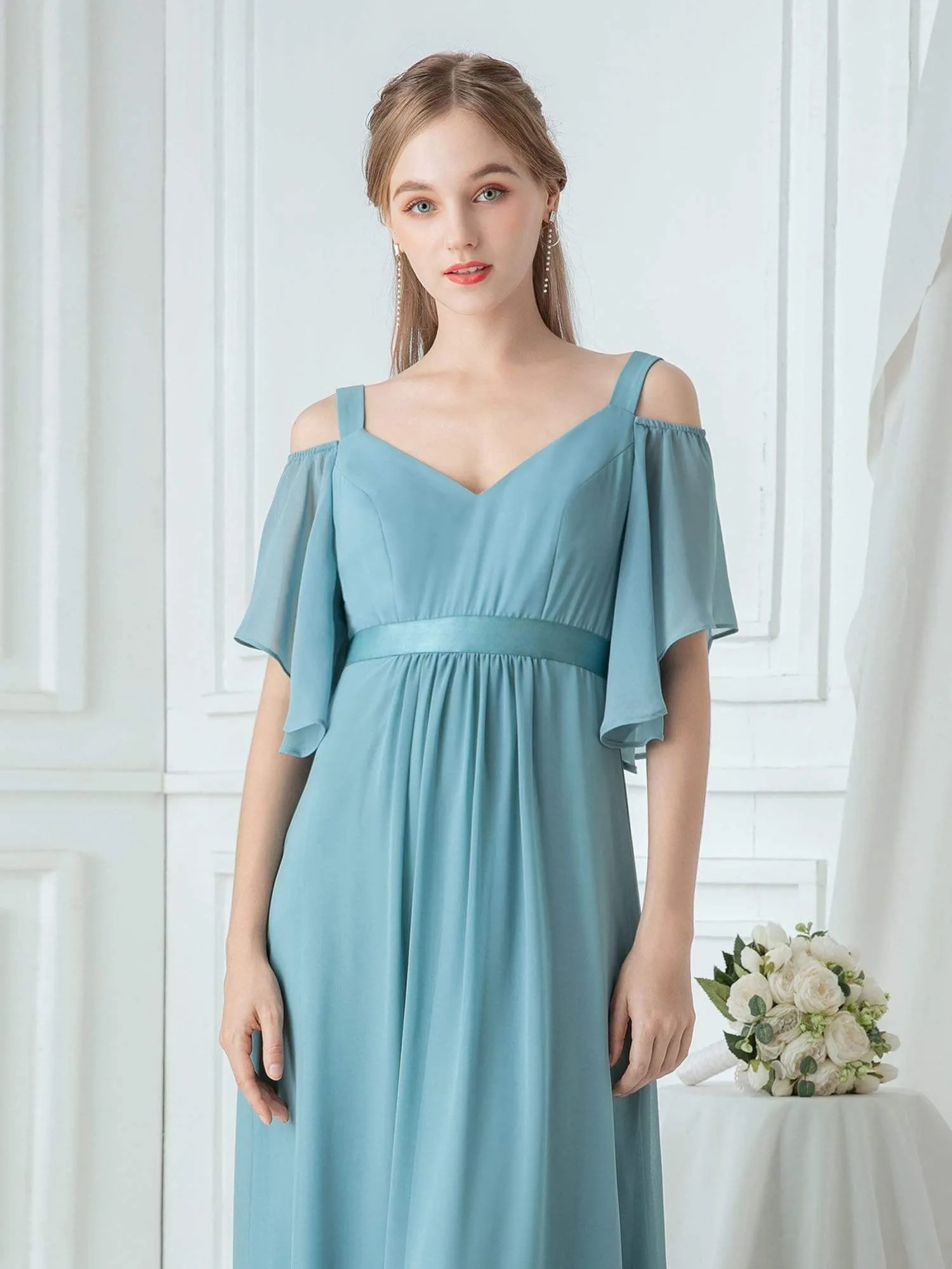 Cold Shoulder Chiffon Wholesale Bridesmaid Dress with Ruffle Sleeves