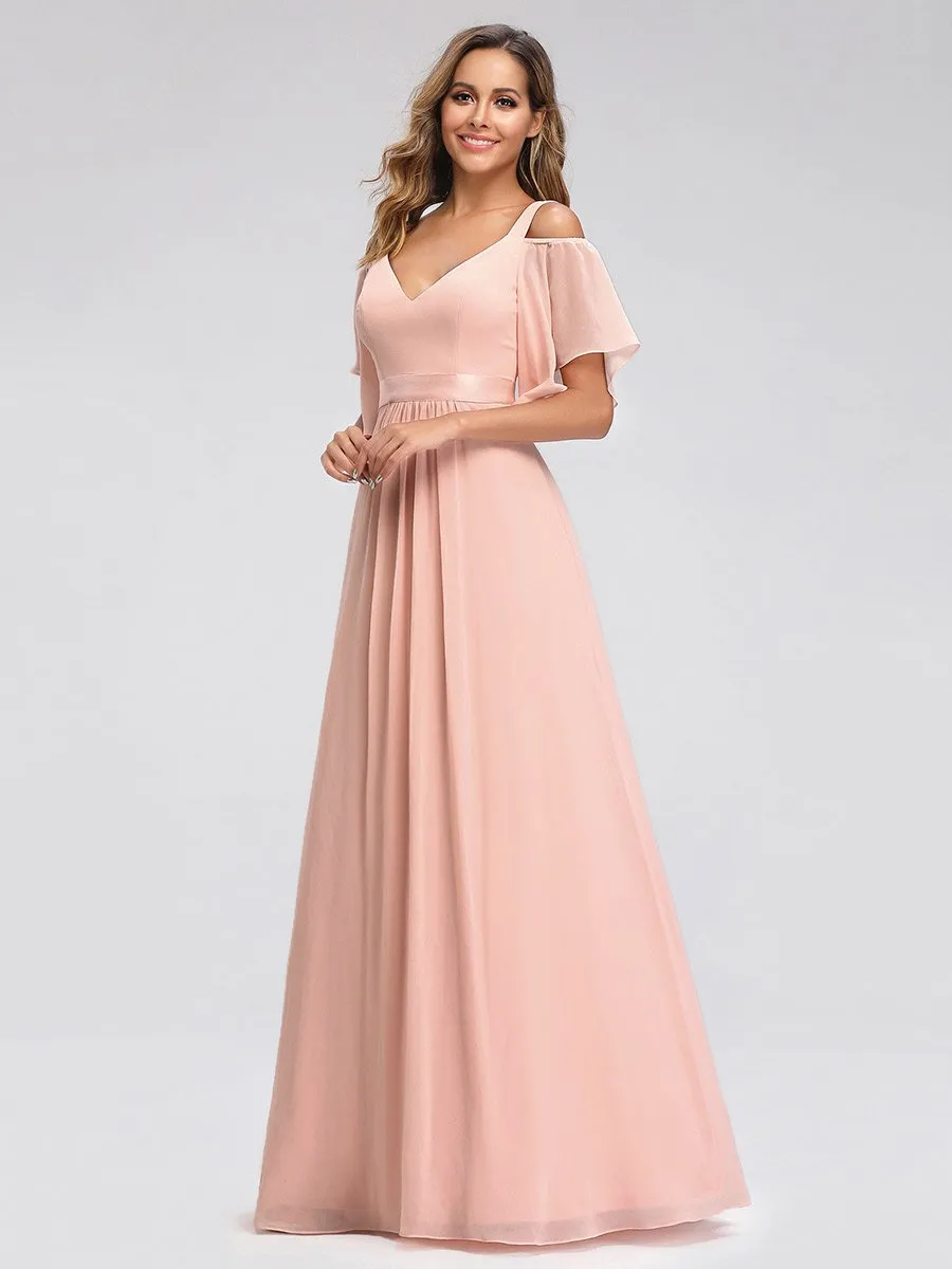 Cold Shoulder Chiffon Wholesale Bridesmaid Dress with Ruffle Sleeves