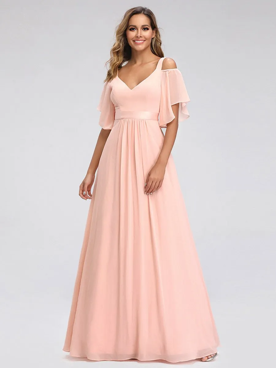 Cold Shoulder Chiffon Wholesale Bridesmaid Dress with Ruffle Sleeves