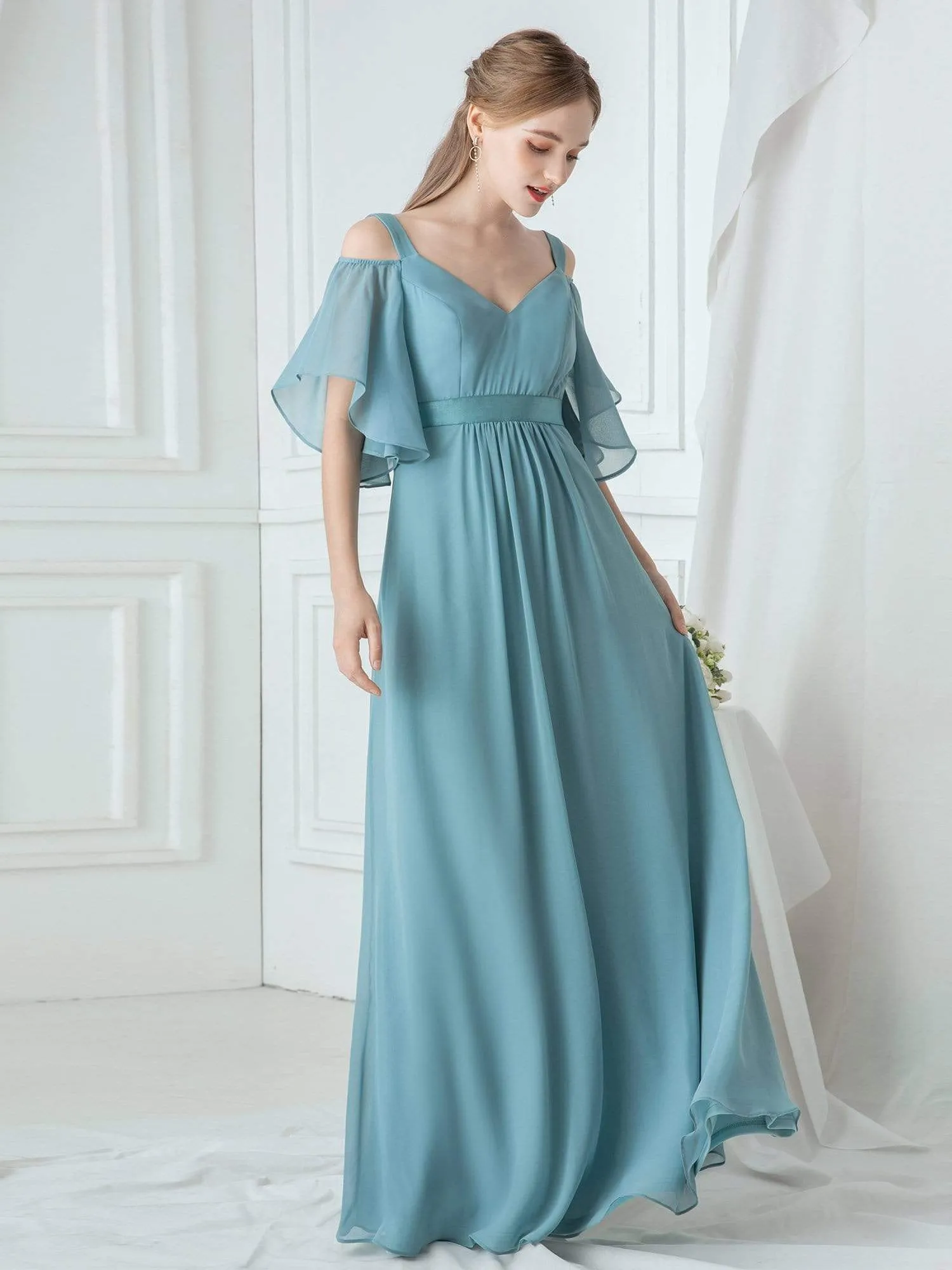 Cold Shoulder Chiffon Wholesale Bridesmaid Dress with Ruffle Sleeves