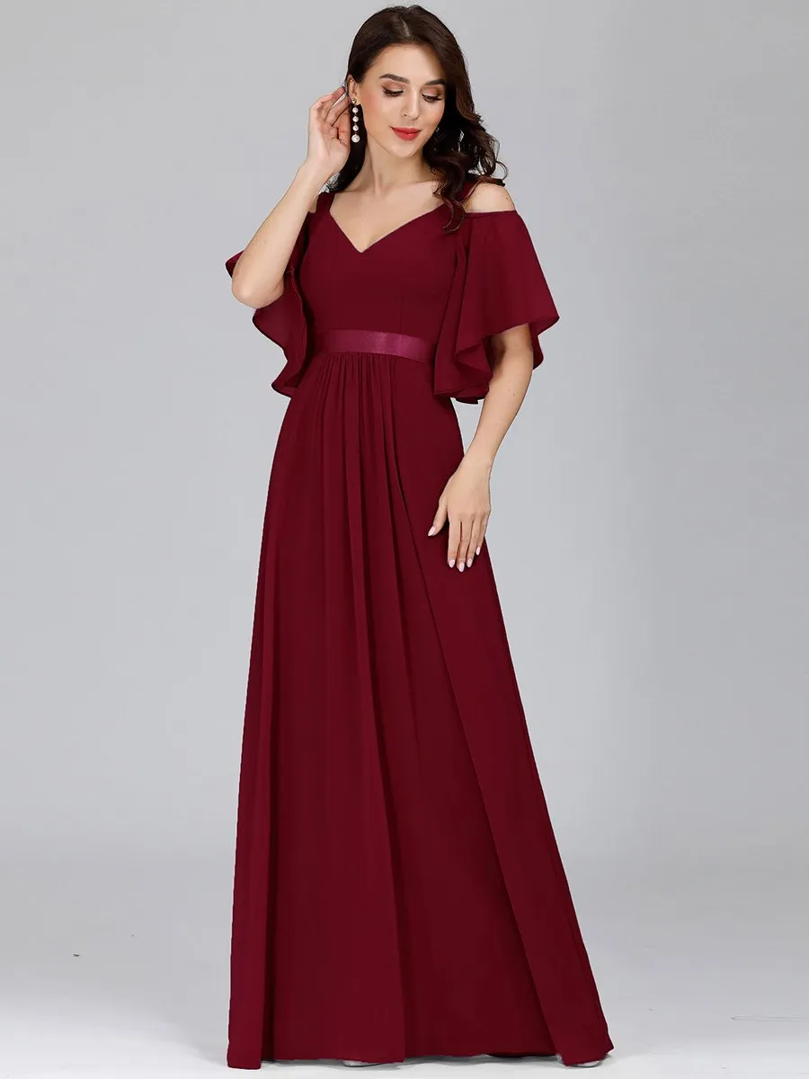 Cold Shoulder Chiffon Wholesale Bridesmaid Dress with Ruffle Sleeves