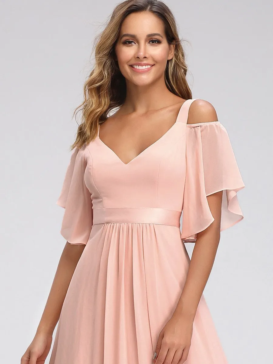 Cold Shoulder Chiffon Wholesale Bridesmaid Dress with Ruffle Sleeves