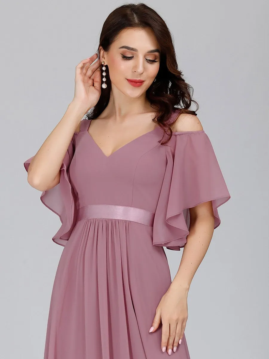 Cold Shoulder Chiffon Wholesale Bridesmaid Dress with Ruffle Sleeves