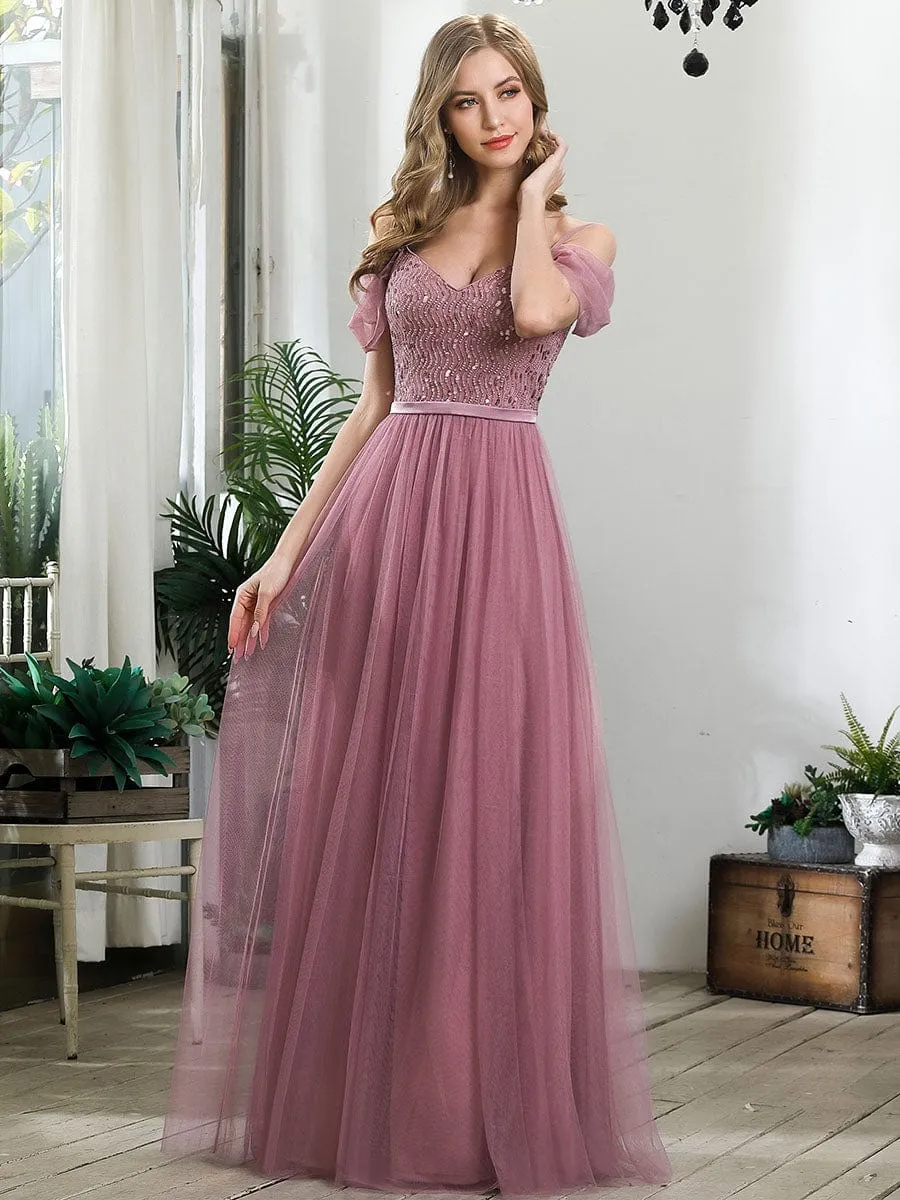 Cold Shoulder Sequin Bodice Long Tulle Bridesmaid Dress