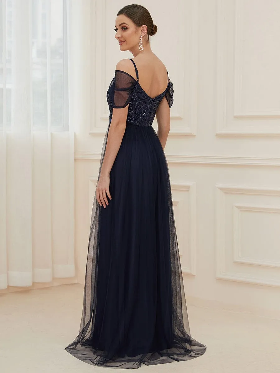 Cold Shoulder Sequin Bodice Long Tulle Bridesmaid Dress