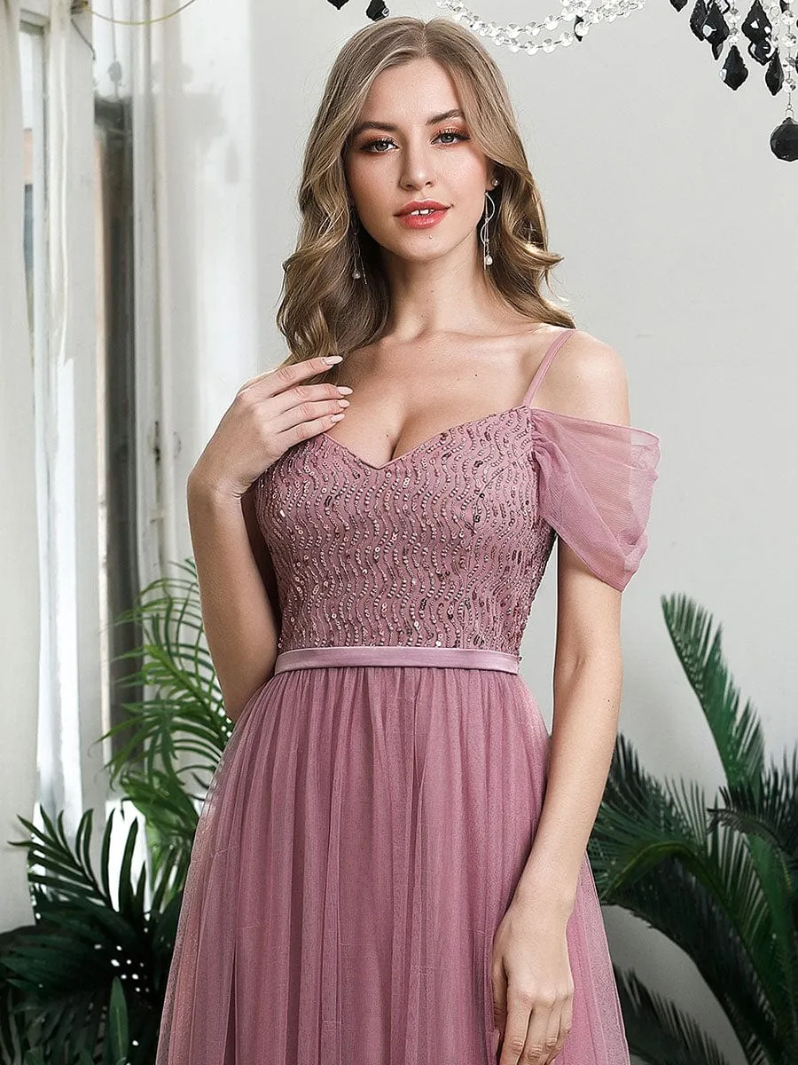 Cold Shoulder Sequin Bodice Long Tulle Bridesmaid Dress