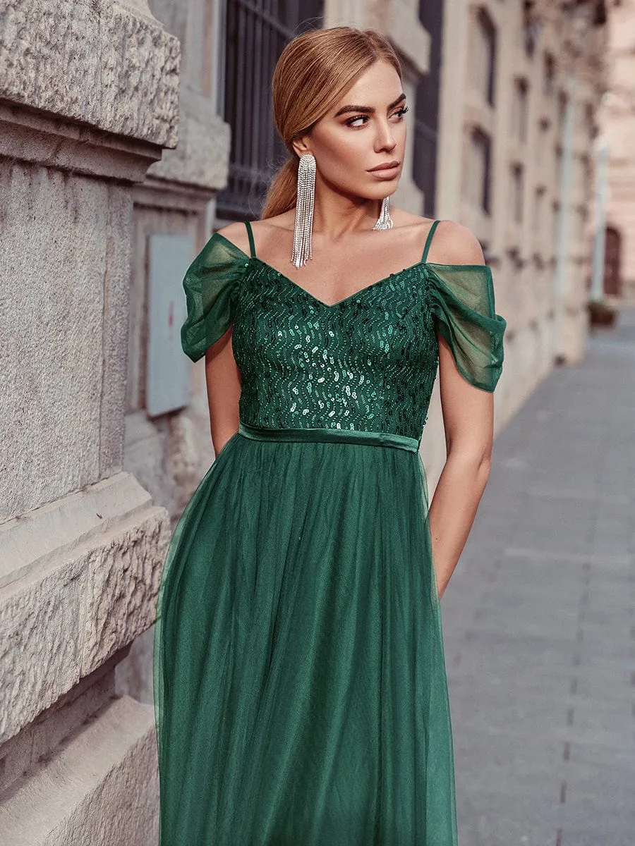 Cold Shoulder Sequin Bodice Long Tulle Bridesmaid Dress