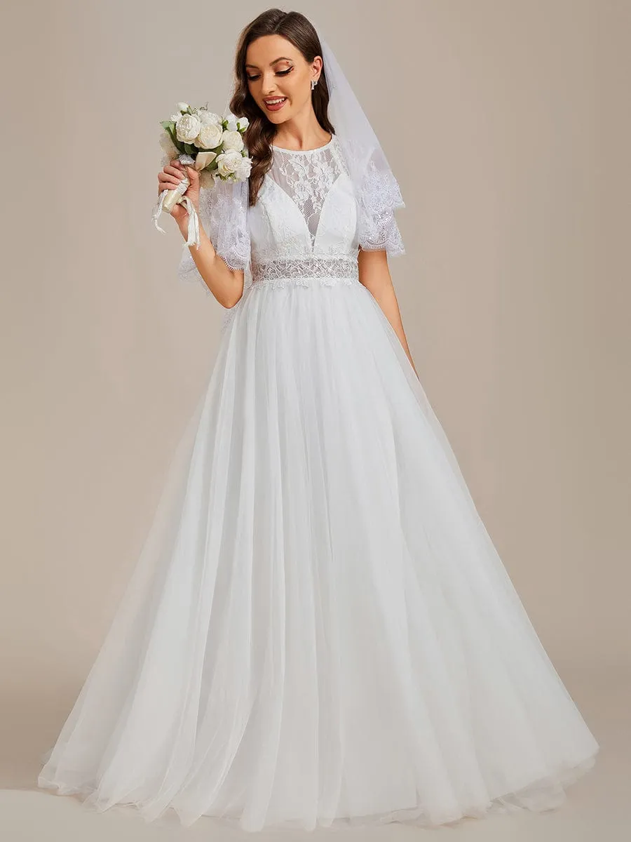 Cover Sleeve See-Through Round Neckline Lace Embroidery Wedding Dress