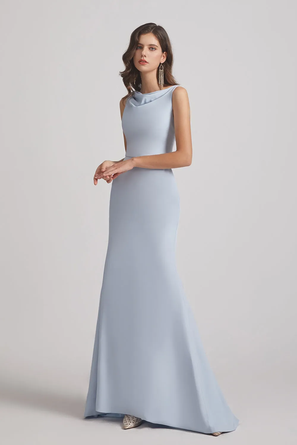 Cowl Fitted Trumpet Sleeveless Blue Bridesmaid Dresses (AF0013)