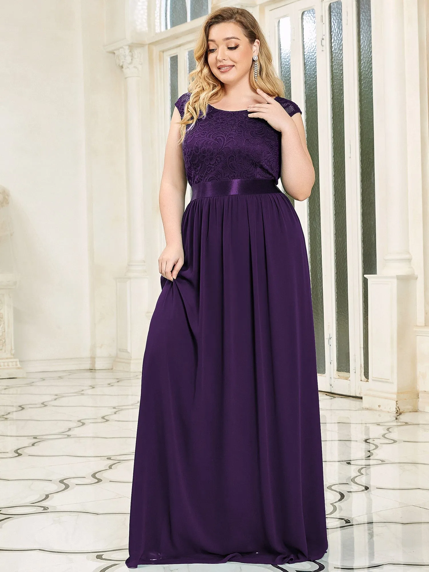 Custom Size Classic Round Neck V Back Lace Bridesmaid Dress