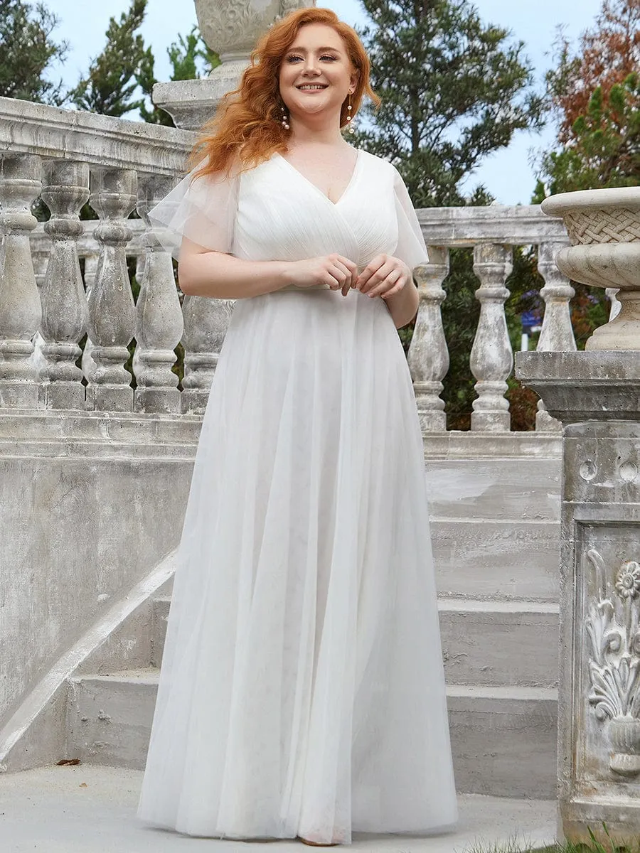 Custom Size Double V-Neck Floor-Length Short Sleeve Tulle Wedding Dress