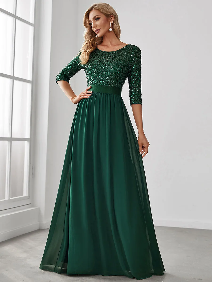 Custom Size Elegant Round Neckline 3/4 Sleeve Sequins Patchwork Wholesale Evening Dress