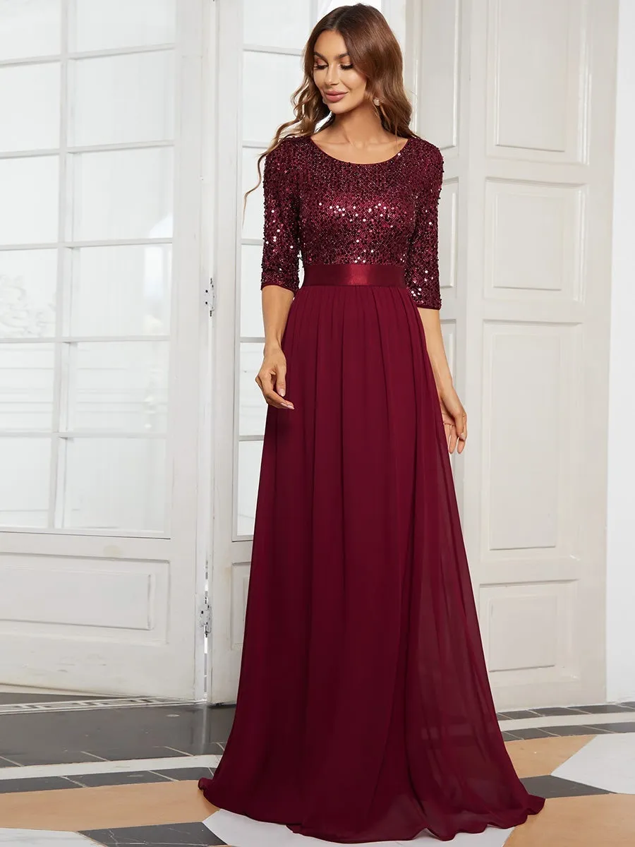 Custom Size Elegant Round Neckline 3/4 Sleeve Sequins Patchwork Wholesale Evening Dress