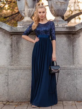 Custom Size Elegant Round Neckline 3/4 Sleeve Sequins Patchwork Wholesale Evening Dress