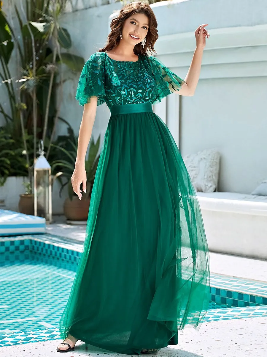 Custom Size Sequin Print Maxi Long Wholesale Evening Dresses with Cap Sleeve