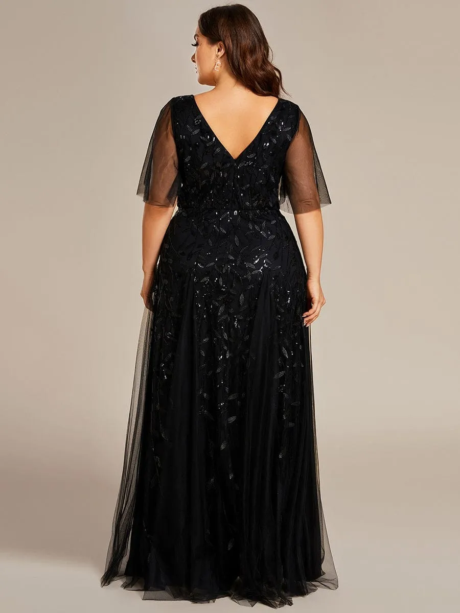 Custom Size V Neck Ruffle Sleeves Sequin Maxi Formal Evening Dress