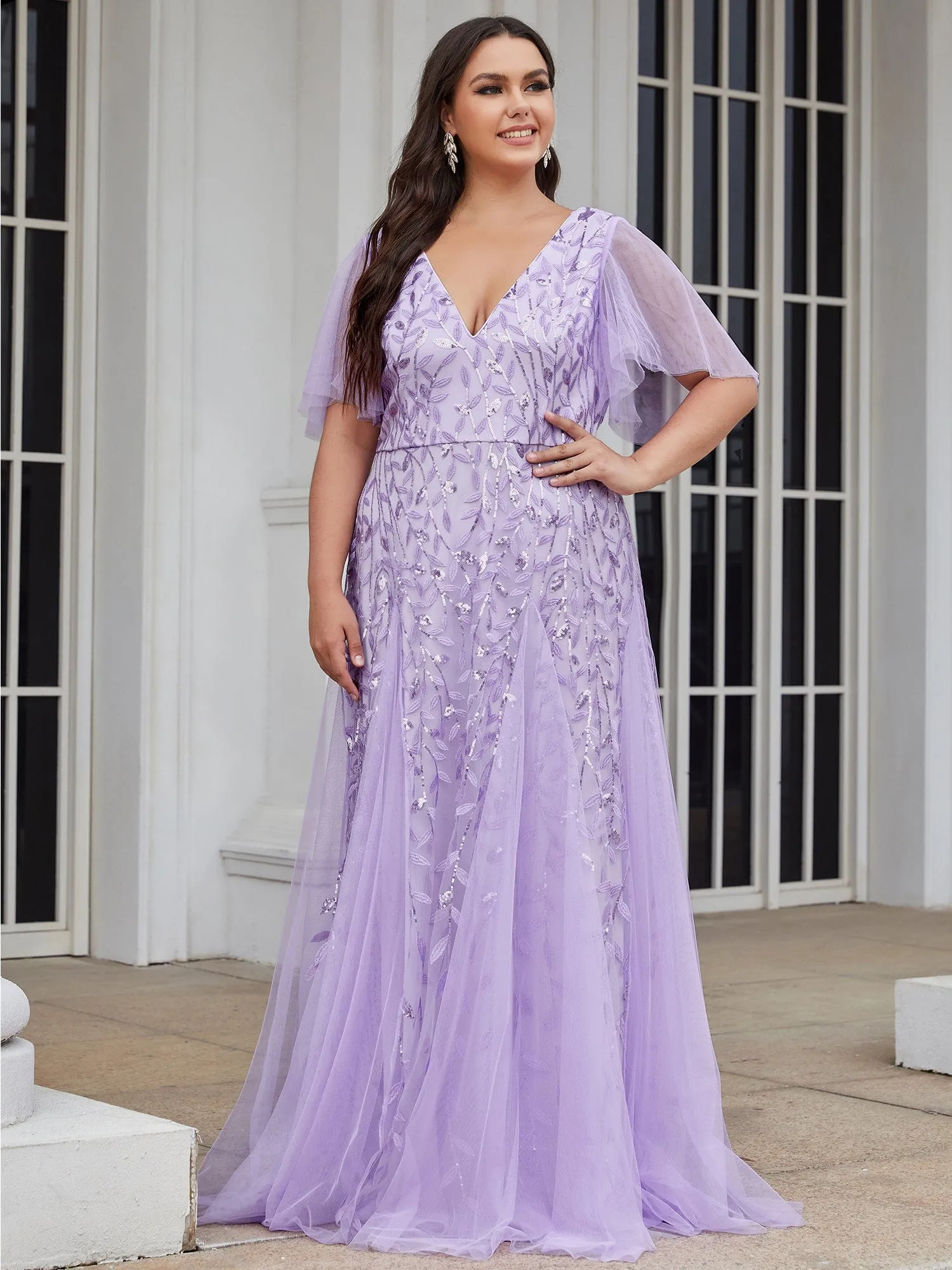 Custom Size V Neck Ruffle Sleeves Sequin Maxi Formal Evening Dress