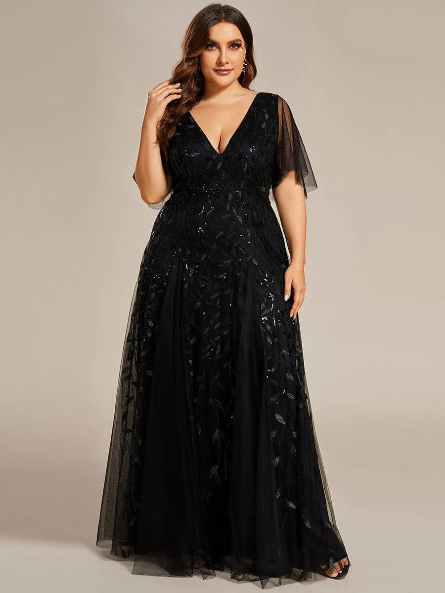 Custom Size V Neck Ruffle Sleeves Sequin Maxi Formal Evening Dress